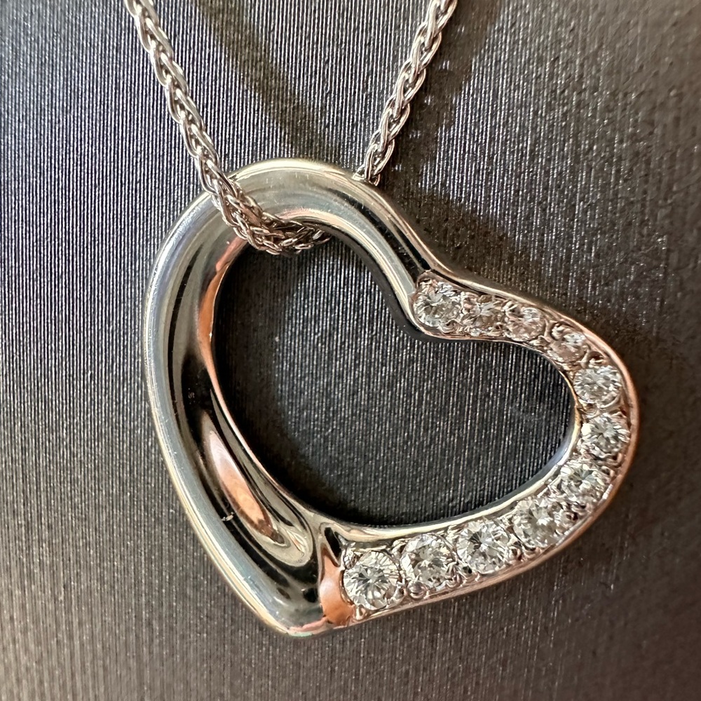 Tiffany & Co. 18KWG Elsa Peretti Pave Diamond Open Heart Pendant with 18K Chain